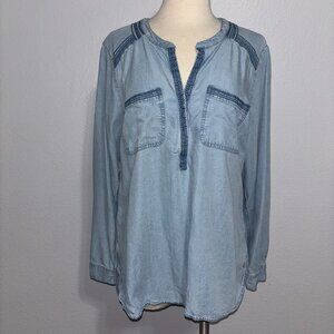 Eddie Bauer Tencel Lyocell Chambray Popover Top Embroidered Blue Women’s Large